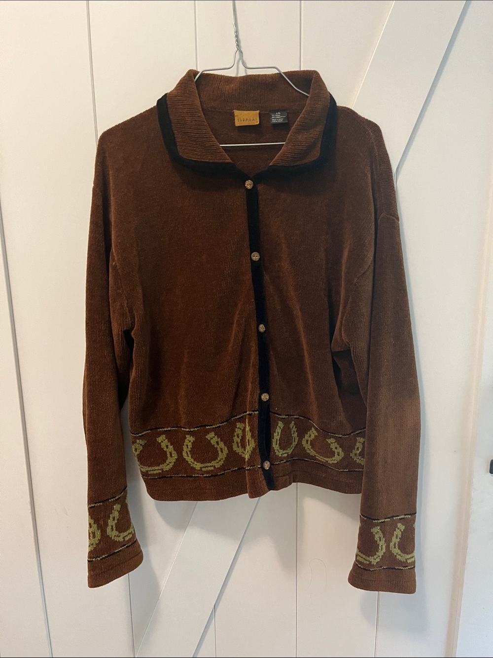 Brown Velvet-Like Button Front Cardigan with Contrast Trim Horse Embroidery